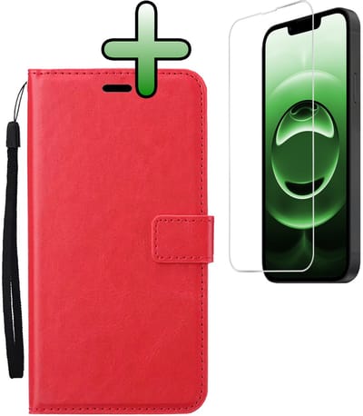 Hoesje Met Screenprotector - Geschikt voor Apple iPhone 16e - Luxe Pasjeshouder - Bookcase Portemonee - Flip Case - Kunstleer Book Case - Flipcase - Book Cover - Walletcase - Portemonneehoes - Rood