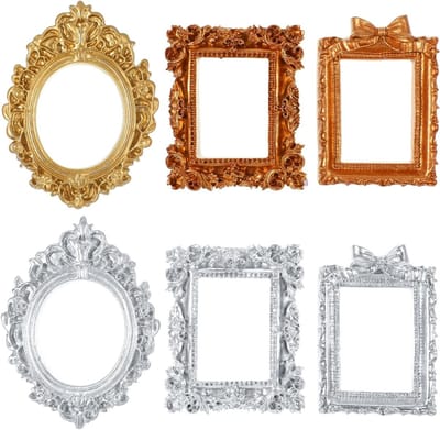 Mini vintage fotolijsten set van 6, barokstijl retro lijsten van kunsthars voor wanddecoratie, sieraden en DIY projecten, goudkleurig