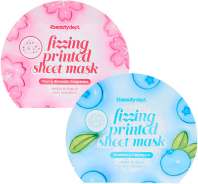 The Beauty Dept. Fizzing Gezichtsmasker Set - Printed Sheet Mask | 2x 20 ml - Cherry Blossom & Blueberry | Bruisend Sheetmask - Korean Beauty - Verfrissend & Stralend