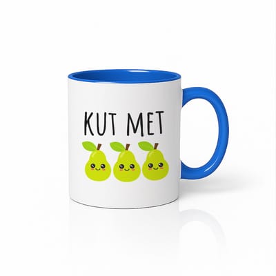 Kut Met Peren Mok 330ml – Wit-Blauwe Koffiemok met Schattige Peer Illustratie – Grappig Nederlands Humor Cadeau
