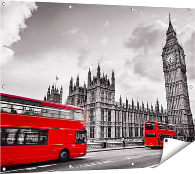 Gards Tuinposter Rode Bussen in Londen - Retro - 120x90 cm - Tuindoek - Tuindecoratie - Wanddecoratie buiten - Tuinschilderij