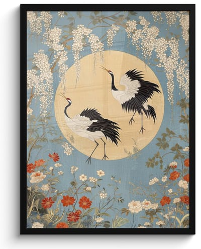Poster in lijst - Fotolijst 50x70 cm - Posters - Kraanvogels - Maan - Bloemen - Blauw - Posterlijst zwart - Decoratie - Wanddecoratie woonkamer - Muurdecoratie slaapkamer