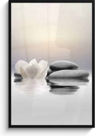 Poster in lijst - Fotolijst 80x120 cm - Posters - Stenen - Lotus - Wit - Water - Zen - Posterlijst zwart - Wanddecoratie badkamer - Muurdecoratie WC - Decoratieve accessoires - Toilet muur decoratie