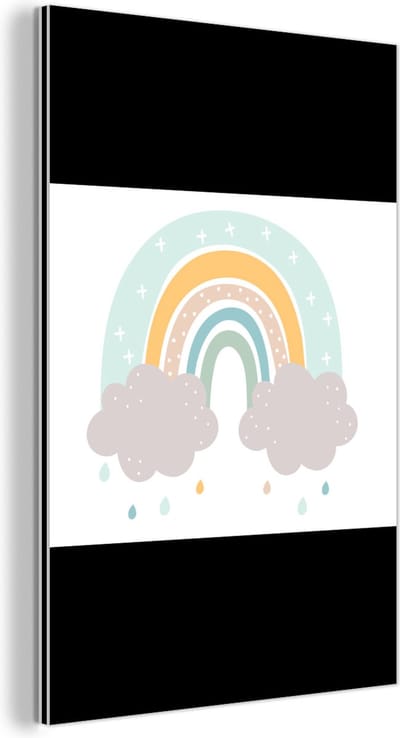 Wanddecoratie Metaal - Aluminium Schilderij Industrieel - Regenboog - Wolken - Regen - Kinderen - Pastel - 80x60 cm - Dibond - Foto op aluminium - Industriële muurdecoratie - Voor de woonkamer/slaapkamer