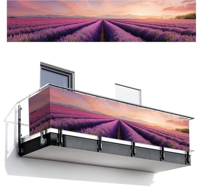 Balkonscherm 500x110 cm - Balkonposter Lavendelveld - Zonsondergang - Paars - Bloemen - Balkon scherm decoratie - Balkonschermen - Balkondoek zonnescherm