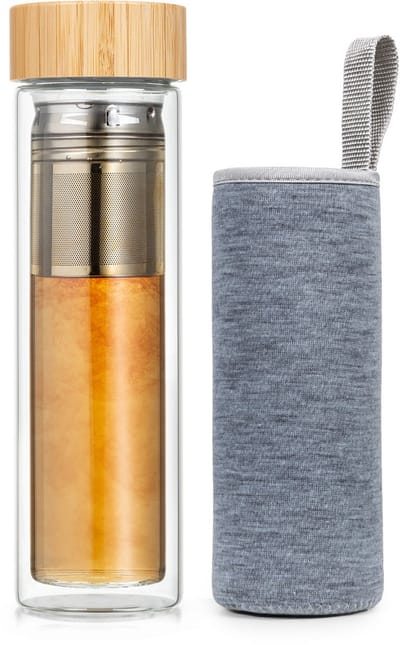 Bambuswald Thermoskan - Theefles met deksel en zeef, 500 ml inhoud, dubbelwandig glas, Deksel van 100% ecologisch bamboe