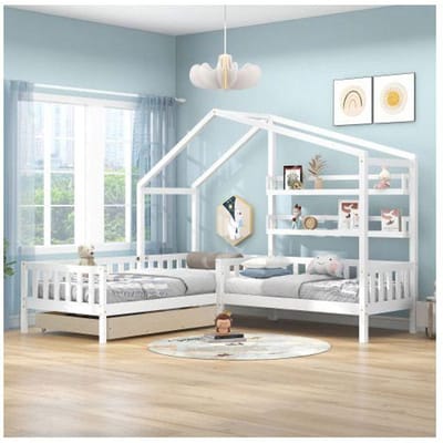 Lit enfant - MUVOE - Lit cabane - Bois massif - Blanc - 90x200 cm + 140x70 cm blanc