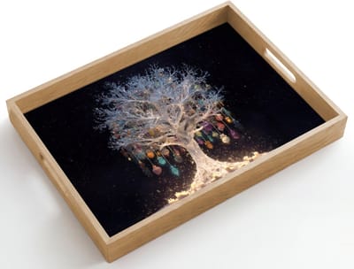 Dienblad hout 50x35 cm - Schootdienblad - Sneeuwboom - Lichtjes - Wit - Kleurrijk - Borrelplank rechthoek - Plateau dienbladen