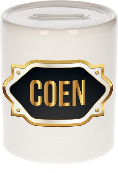 Spaarpot met voornaam Coen - wit - met goud/zwart embleem - 8 x 9 cm - keramiek - met afsluitdop - cadeau verjaardag