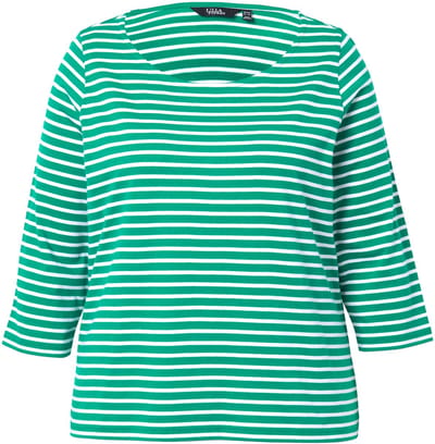 Ulla Popken - Dames - Gestreept shirt klassiek ronde hals 3/4-mouwen - Smaragdgroen - Maat 42+