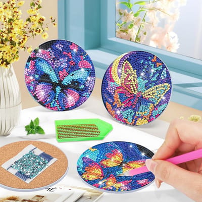 Onderzetters voor vlinderdiamantschilderij met houder, onderzetters voor diamantkunst, set van 8 voor volwassenen, kinderen, beginners, doe-het-zelf grappige drankonderzetters met kurk