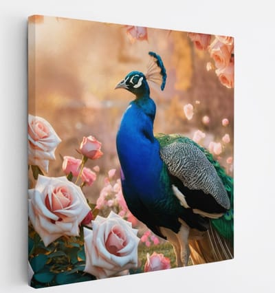 Saammp Canvas Schilderij - Pauw bij roze Rozen - Dieren - Bloemen - 20x20 - Foto op canvas - Wanddecoratie - muurdecoratie Woonkamer - Slaapkamer decoratie - Canvas Print