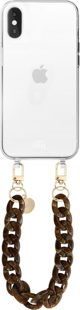 xoxo Wildhearts siliconen hoesje - Geschikt voor iPhone XS Max - Brown Chocolate - Telefoonhoesje - Hoesje met koord - Bruin koord - kort telefoonkoord - Transparant hoesje (korte variant)