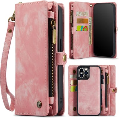 Geschikt Voor iPhone 12 Pro Max Hoesje - Solidenz Wallet Case - Telefoonhoesje 12 Pro Max - 12 Pro Max Case Met Pasjeshouder - Met Ritsvak - Met Polskoord - Portemonee Hoes - Roze