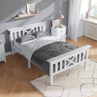 DESMIU Houten Bed 90x200 cm – Eenpersoonsbed Met X-Hoofdbord – Lattenbodem En Ruimte Voor Lades – Jeugdkamer – Massief Hout – Wit – Zonder Matras