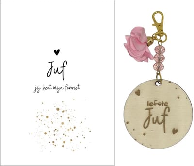 Sleutelhanger en kaartje JUF | roze | favoriet | jij bent de liefste | liefste juf | topjuf | einde schooljaar | cadeau