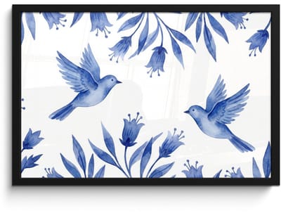 Poster in lijst - Fotolijst 60x40 cm - Posters - Modern - Vogels - Delfts - Blauw - Posterlijst zwart - Decoratie - Wanddecoratie woonkamer - Muurdecoratie slaapkamer
