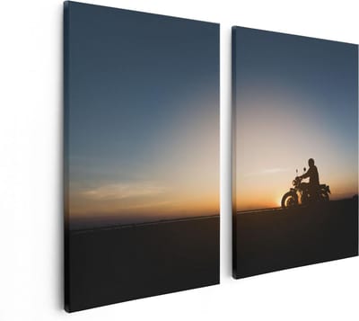 Artaza Canvas Schilderij Tweeluik Silhouet Van Een Motor Bij Zonsondergang - 80x60 - Foto Op Canvas - Canvas Print