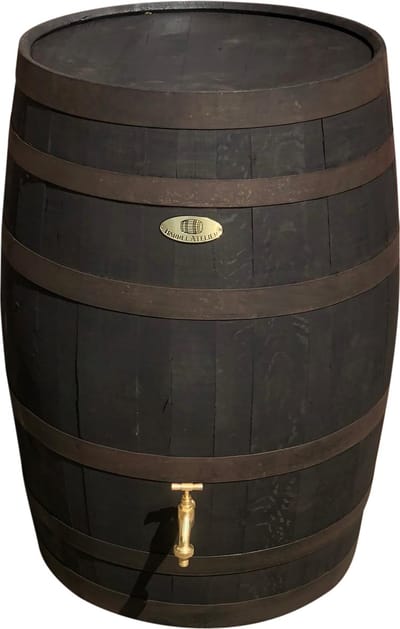 Regenton 190l. "Black Edition", gat regenpijp, messing logo en kraan, zwart gebeitst