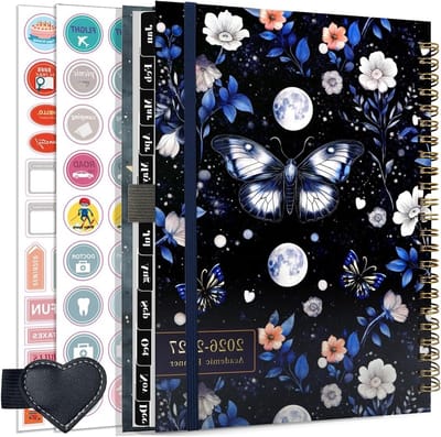 A5 Schoolagenda 2026-2027 met Spiral Binding, 12 Maanden Planner, Penlus en Stickers in Blauw