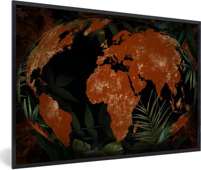 Poster in lijst - Fotolijst 90x60 cm - Posters - Wereldkaart - Planten - Wereldbol - Posterlijst zwart - Decoratie - Wanddecoratie woonkamer - Muurdecoratie slaapkamer