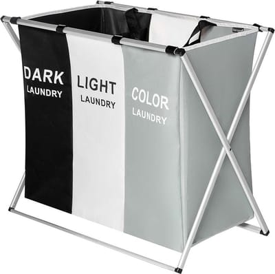 Lowander Wasmand 3 vakken - Wassorteerder 90 liter - Licht | Donker | Gekleurd - Opvouwbare Was Organizer met Aluminium Frame - Stevige Wasmand voor Vuile Was - Grijs
