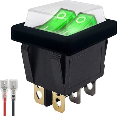 ProRide Dubbele Wipschakelaar ON-OFF KCD6-202 - met Zwart kapje en Aansluitkabel - 3 Polig - 250V/16A - 30x22mm - Groen met lampje