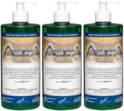 Body & Hair Hamam 500 ml met 3 witte pompen - set van 3 stuks - 2 in 1 voor lichaam en haar - voordeelverpakking