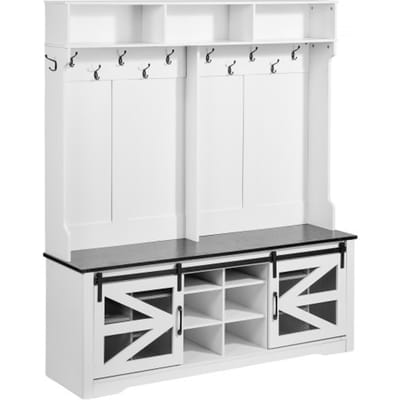 VEVOR Kapstok, Houten Kapstok met Bankje & Schoenenrek, Witte Kapstok met Verstelbare Planken & 12 Haken & USB-Licentiestrip, voor Hal