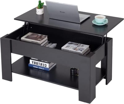 FDW Salontafel met lifttop met verborgen compartiment en opbergplank, houten lift, tafelblad voor thuis, woonkamer, receptie, kantoor (zwart)