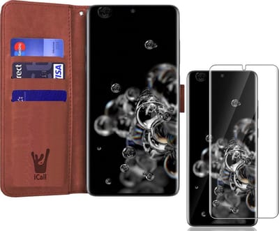 Hoesje geschikt voor Samsung Galaxy S20 Ultra - Screen Protector FlexGuard - Book Case Kunstleer Pasjeshouder Bruin & Screenprotector