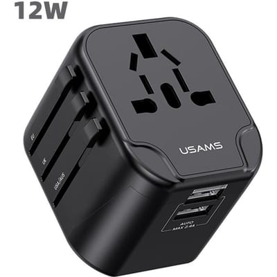USAMS Netadapter. 2xUSB T55 12W 4w1 US/AU/EU/UK zwart CC173TC01 (US-CC173) Univesal Travel Charger