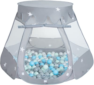 Selonis Pop Up Kasteeltent Grijs Voor Kinderen - 200 Ballen Speeltent - Binnen En Buiten Speelhuisje - 105x90 cm - Parel Grijs Transparant Babyblauw Mint