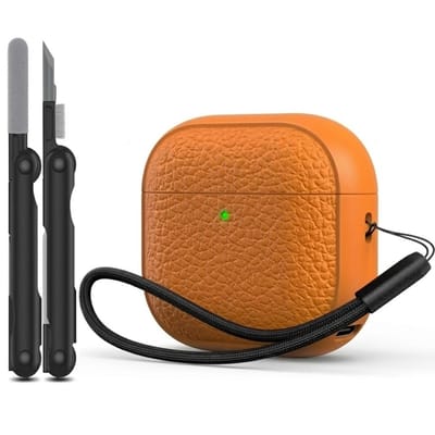 Oranje hoesje voor oordopjes unisex met textuur en draagkoord geschikt voor AirPods 4 inclusief reinigingsset en TPU beschermhoes