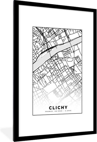Fotolijst incl. Poster Zwart Wit- Kaart - Stadskaart - Clichy - Frankrijk - Plattegrond - Zwart wit - 80x120 cm - Posterlijst