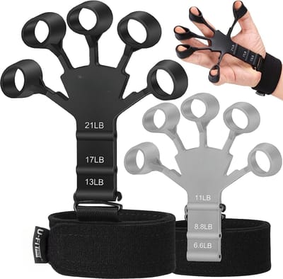 U Fit One Verstelbare Vingertrainer Set- Krachttrainer - Gitaarspelen - Pianospelen - Onderarm - Spieren - Polstrainer - Handtrainer - Griptrainer - RSI - Finger Expander - Zwart en Grijs