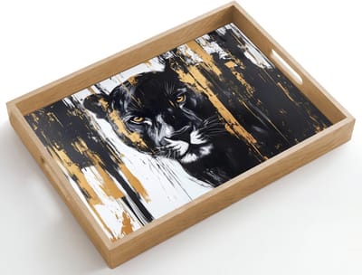 Dienblad hout 50x35 cm - Schootdienblad - Panter - Zwart - Abstract - Verfstreken - Borrelplank rechthoek - Plateau dienbladen