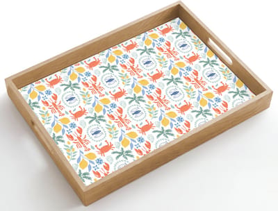 Dienblad hout 50x35 cm - Schootdienblad - Patroon - Wit - Illustraties - Mediterraans - Borrelplank rechthoek - Plateau dienbladen