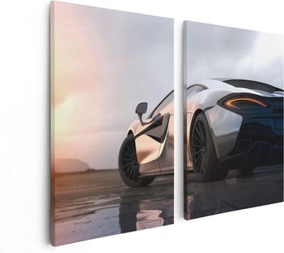 Artaza Canvas Schilderij Tweeluik Zilveren Sportwagen Auto Bij Zonsondergang - 80x60 - Foto Op Canvas - Canvas Print
