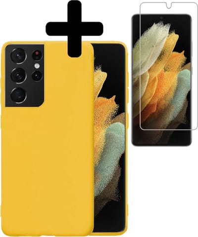 Hoesje - Met Screenprotector - Geschikt voor Samsung Galaxy S21 Ultra - Sterk & Shockproof - Back Cover - Siliconen Case - Telefoon Hoes - Telefoonhoesjes - Geel