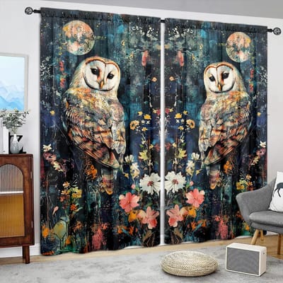 2 stuks Retro Uil Olieverf Gedrukt Gordijn voor Huisdecoratie - Tunnel voor Roede Raambekleding voor Slaapkamer, Kantoor, Keuken 107cmX160cm X 2pcs