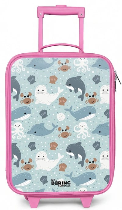 NoBoringSuitcases.com® - Kinderkoffer roze - Kindertrolley meisje - Zeedierenpatroon met dolfijnen, zeehonden en krabben - Koffer kind lichtgewicht - Reiskoffer trolley voor kinderen - Koffertje met lichtgevende wieltjes - Rolkoffer