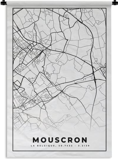 Wandkleed - Wanddoek - Zwart Wit – België – Plattegrond – Stadskaart – Kaart – Mouscron - 120x180 cm - Wandtapijt