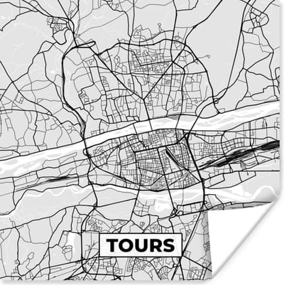 Poster Plattegrond - Kaart - Stadskaart - Frankrijk - Tours - 100x100 cm XXL