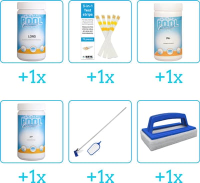 Zwembad Onderhoudspakket - Onderhoud Zwembad - bevat Chloor - Testrips - PH-min - PH-plus - Schoonmaakset en Scrubborstel (6-delig)