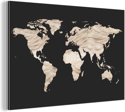 Aluminium schilderij 120x80 cm - Wanddecoratie metaal - Wereldkaart - Beige- Zwart - Metalen muurdecoratie woonkamer - Decoratie industrieel - Foto op dibond - Industriële accessoires slaapkamer