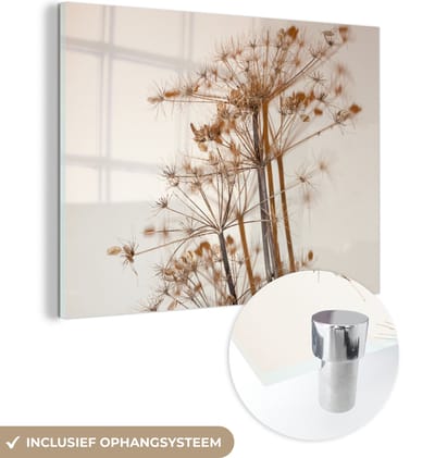 Glasschilderij bloemen - Droogbloemen - Planten - Stilleven - Bruin - Glas decoratie - Glasplaat - Wanddecoratie glas - 160x120 cm - Woonkamer decoratie - Foto op glas - Schilderij glas - Glasschilderijen