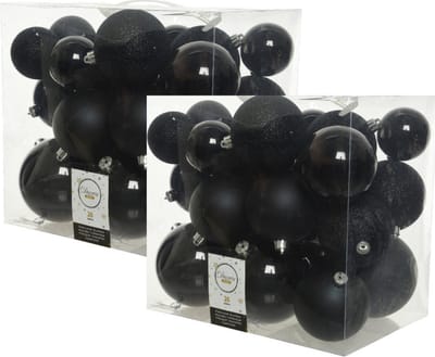 Decoris Kerstballen - 52x st - zwart - 6-8-10 cm - kunststof - kerstversiering