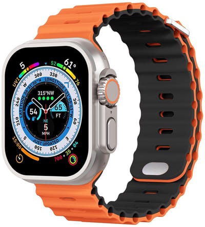 Stravo Sport Siliconen Ocean horlogebandje met metalen insteeksluiting – Geschikt voor Apple Watch 42mm (Series 11/10), 41mm (Series 9/8/7), 40mm (Series 6/5/4, SE 1/2/3), 38mm (Series 3/2/1) – Oranje / zwart