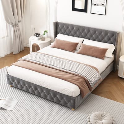 SWeiko Gestoffeerd bed 160x200cm, Met Vlak noedelsframe en hoofdeinde, Knoopkussen, klinknagels pad, houten poot, fluweel, Grijs